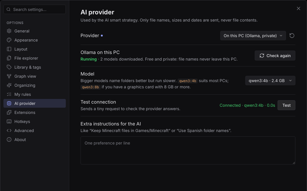 Settings showing AI running on this PC with Ollama
